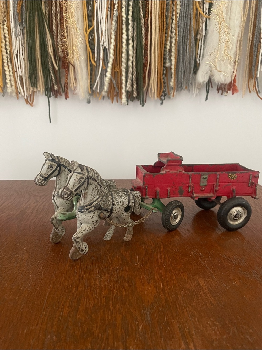 Vintage Red Toy Wagon with Grey Horses - cast iron 1940’s